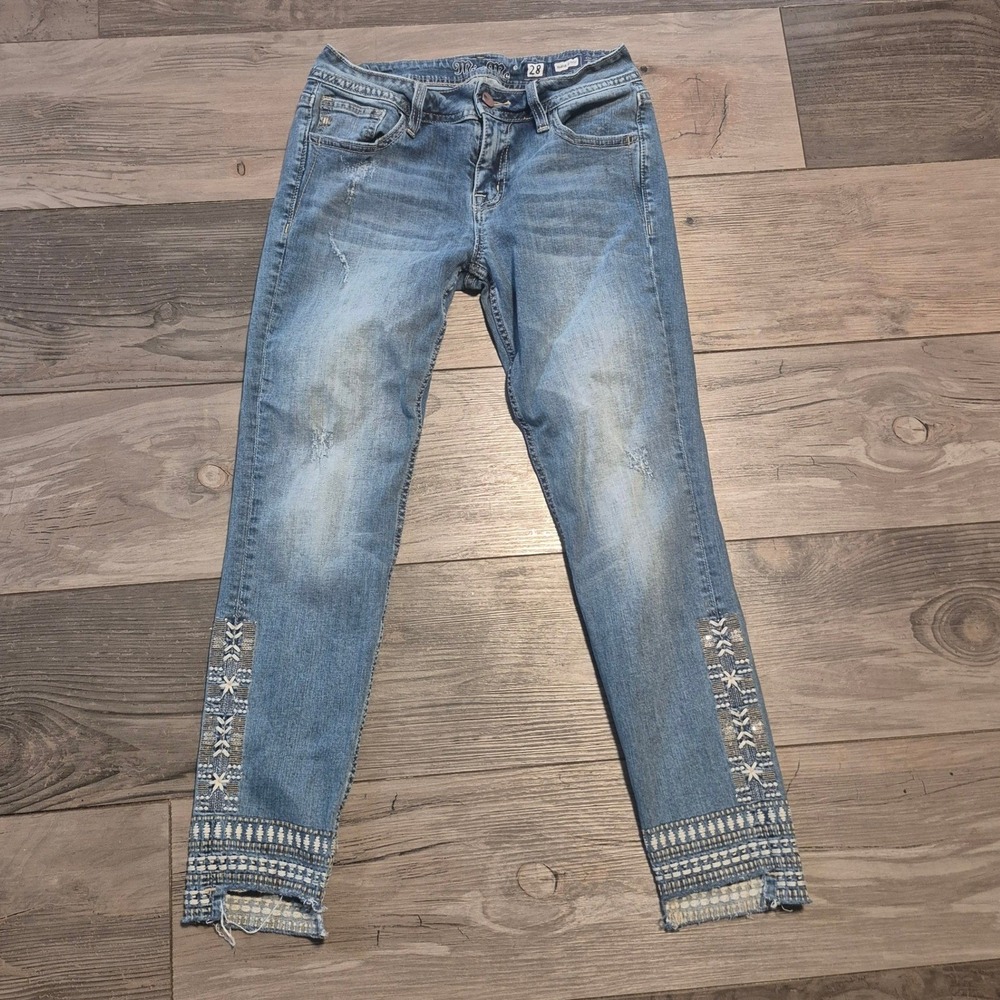 Miss Me Ankle Skinny Jeans 28 Medium Wash Embroidered Frayed Hem Distressed